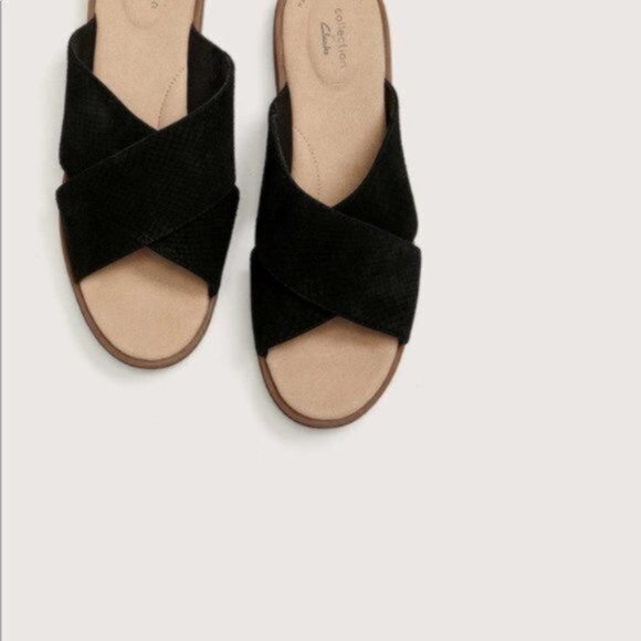 Clarks Women Black Declan Ivy Flat Slip On Sandals Size 11W - Picture 2 of 7